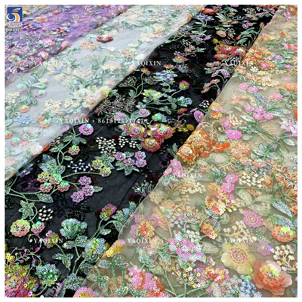 YX1320 Hot-Selling Lace Fabric Colorful Floral 3D Lace Glitter Sequin Embroidered Mesh Women's Dress Fabric - 图片 5