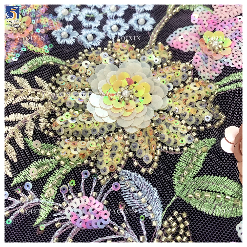 YX1309 Top Sales Forest Pattern 3D Floral Embroidered Mesh Fabric for Women's Skirts DIY Handmade Pearls Sequin Flowers Fabric - 图片 4