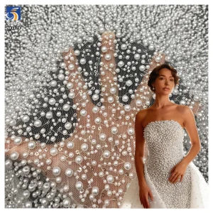 YX1174 1000gsm Heavy Weight Pearls 3D Lace Fabric for Wedding Dresses White 3D Sequined Pearls Net Bride Lace Fabric 5 Yards