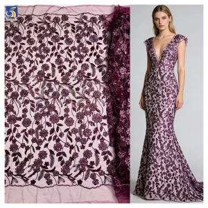 YX1292 Tulle Purple Mexican Lace Fabric With Flash Sequins Embroidery Florals Tulle High-Class Dress Fabric for Mexican Beauties
