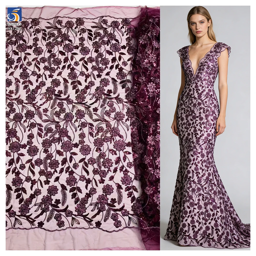 YX1292 Tulle Purple Mexican Lace Fabric With Flash Sequins Embroidery Florals Tulle High-Class Dress Fabric for Mexican Beauties