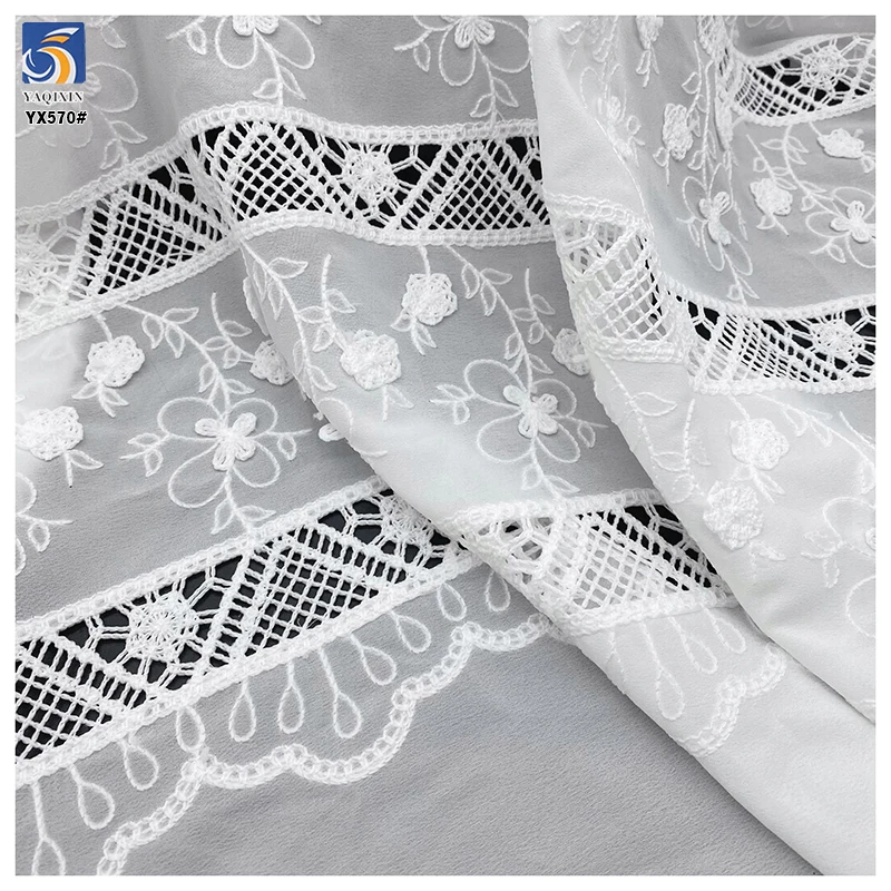 YX570 New Laser Milk Silk Polyester White Embroidery Chiffon Fabric Flowers Floral Embroidered for Women Dresses - 图片 5