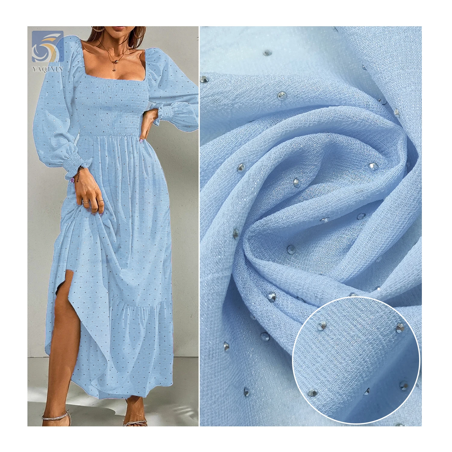 High Quality 75D 110gsm Pearl Crepe Chiffon Polyester Fabric With Crystal Diamond Embroidery by the Yards