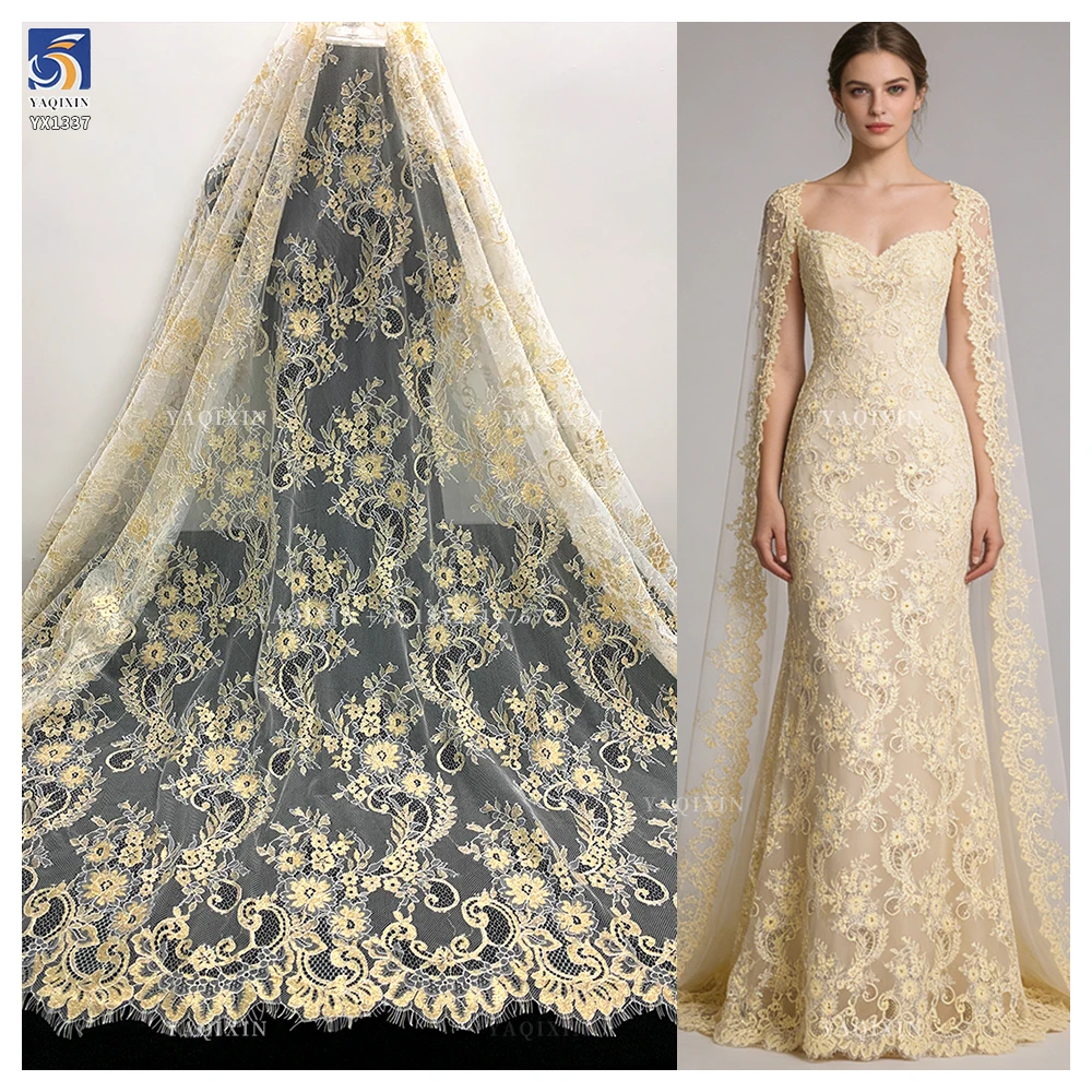 YX1337 Hot Selling Styles French Eyelash Lace Fabric With Gold Thread Embroidery High Quality Lace Dubai Wedding Fabric
