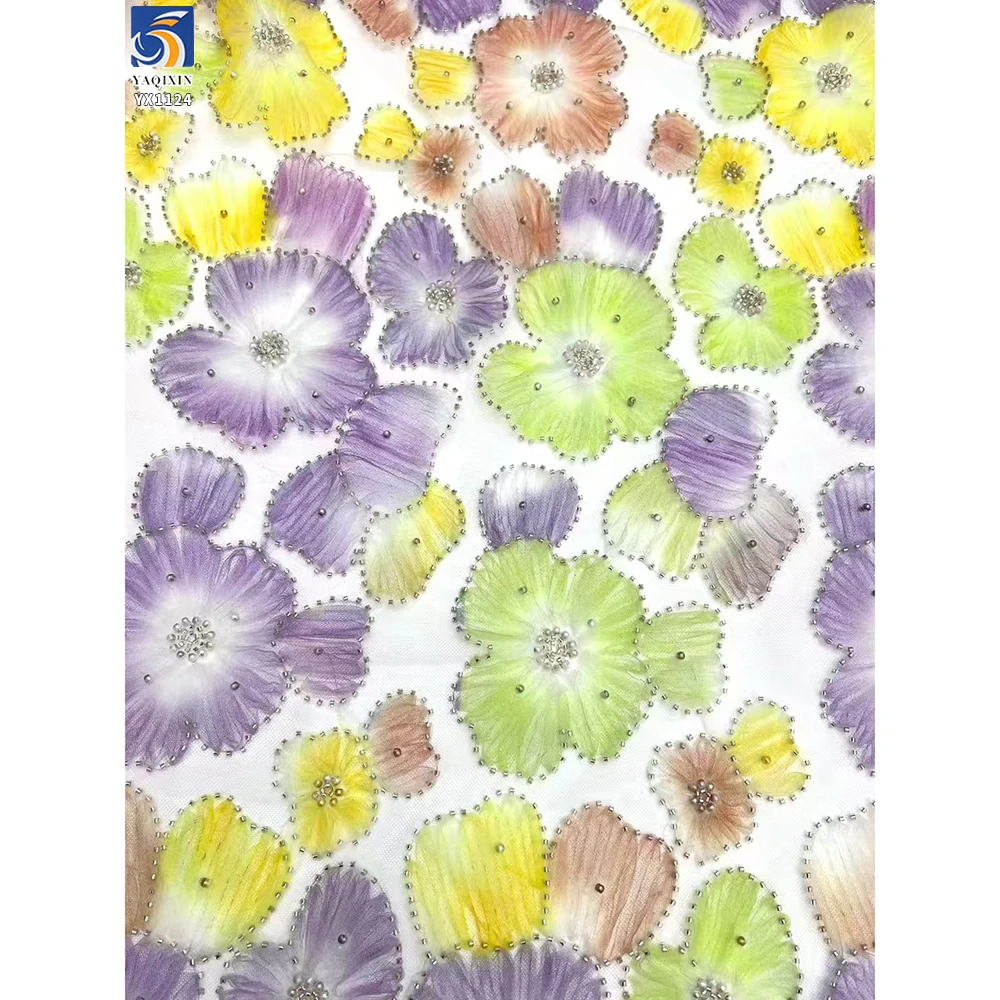 YX1124 Colorful Florals Tulle Fabric 3D Flower Embroidery French Romantic Women's Dress Tulle Fabric With 3D Pearl Beads - 图片 4