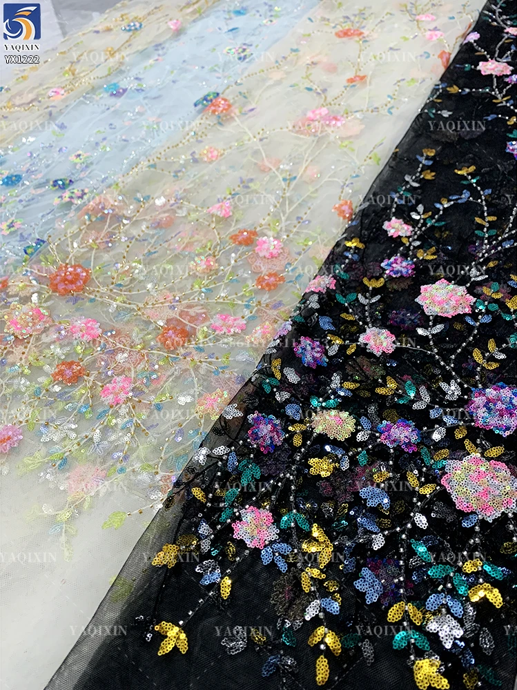 YX1222 Exquisite Colorful Sequins Embroidery Dresses Lace Mesh Flowers Fabric for Girls Skirts Shiny Flowers Dress Fabric - 图片 5