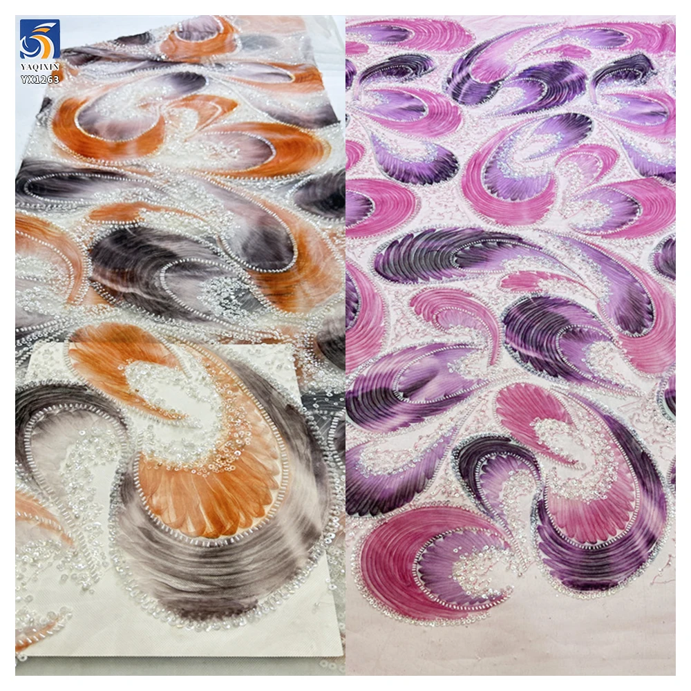 YX1263 New Arrival Mermaid Design Dress Fabric 3D Printed Floral Embroidery Colorful Mesh Lace Fabric With Bead 5 Yards - 图片 2