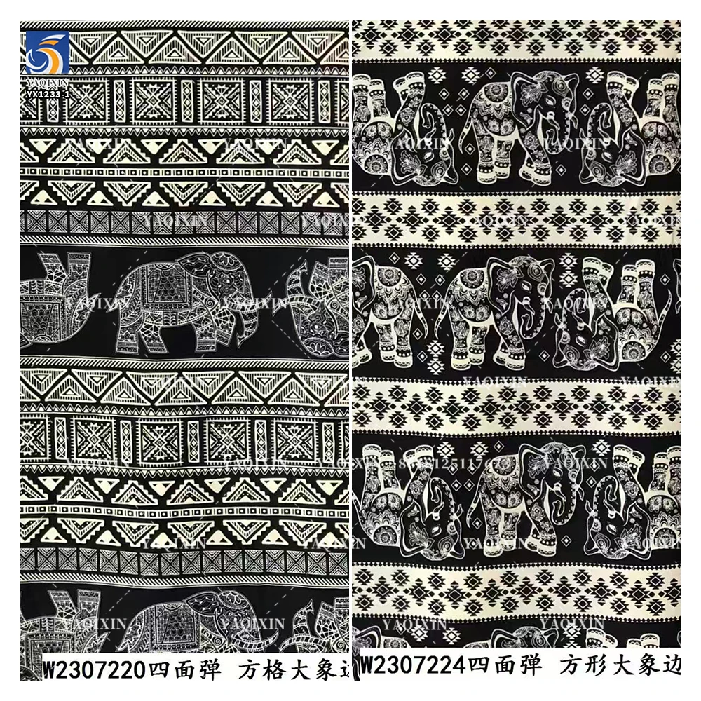YX1233-1 Custom 100D Chiffon 4 Way Stretch Polyester Print Fabric African Tribal Totem Animal Elephant Pattern Print Fabric - 图片 4