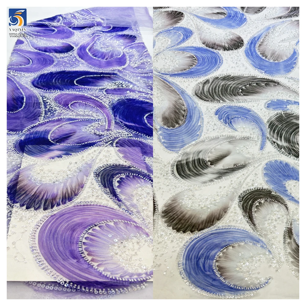 YX1263 New Arrival Mermaid Design Dress Fabric 3D Printed Floral Embroidery Colorful Mesh Lace Fabric With Bead 5 Yards - 图片 4
