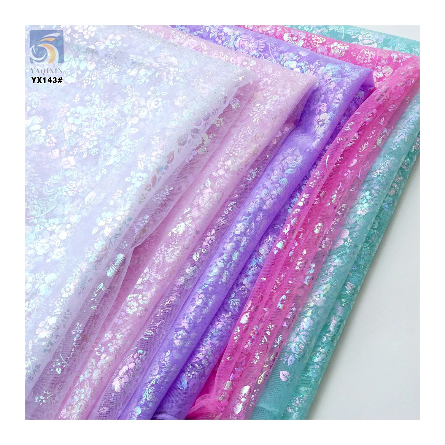 YX143 Beautiful Fancy 100% Polyester Floral Foil Printed Gradient Mesh Tulle Fabric Sheer Tulle With Printed - 图片 6
