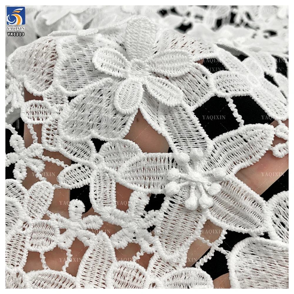 YX1213 200gsm Hand Embroidery 3D Flowers Lace Fabric Water-Soluble Milk Silk Embroidery Poly Net Lace Fabric White Dress - 图片 5