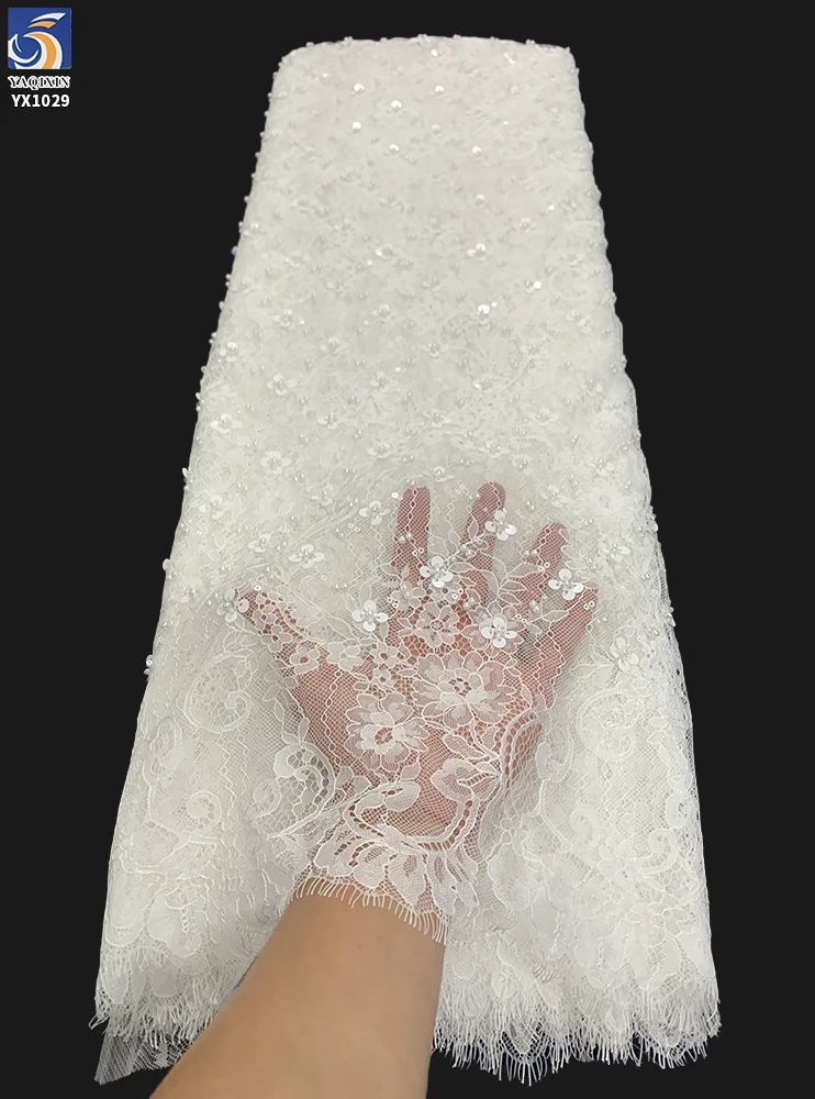 YX1029 Factory High-Quality Eyelash White Lace Fabrics With Heavy Beads and Sequins Embroidery Lace Fabric for Bridal Gown - 图片 3