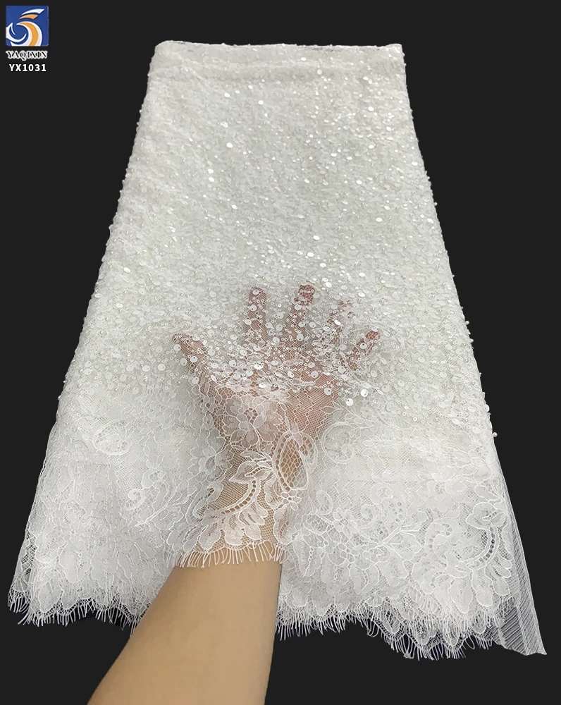 YX1031 7 Days Sample Custom Fabric Eyelash White Lace Fabrics 3D Beaded Sequins Wedding Eyelash Lace Fabrics Textiles - 图片 3