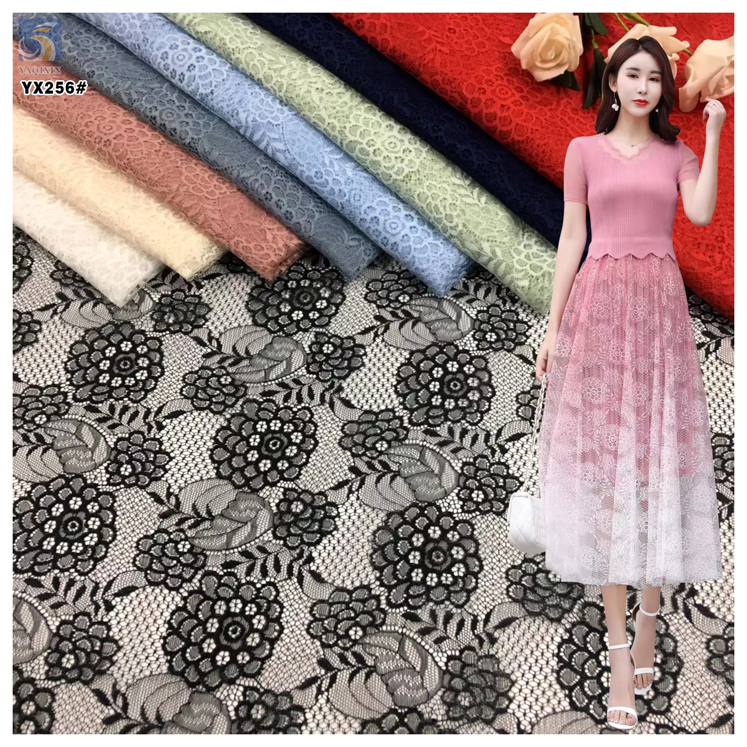 YX256 High Quality Black Flower Pattern Embroidered Chantilly Lace Fabric 100 Polyester Chantilly Lace Fabric