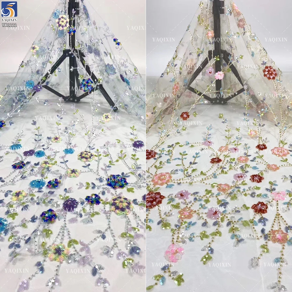 YX1222 Exquisite Colorful Sequins Embroidery Dresses Lace Mesh Flowers Fabric for Girls Skirts Shiny Flowers Dress Fabric - 图片 2