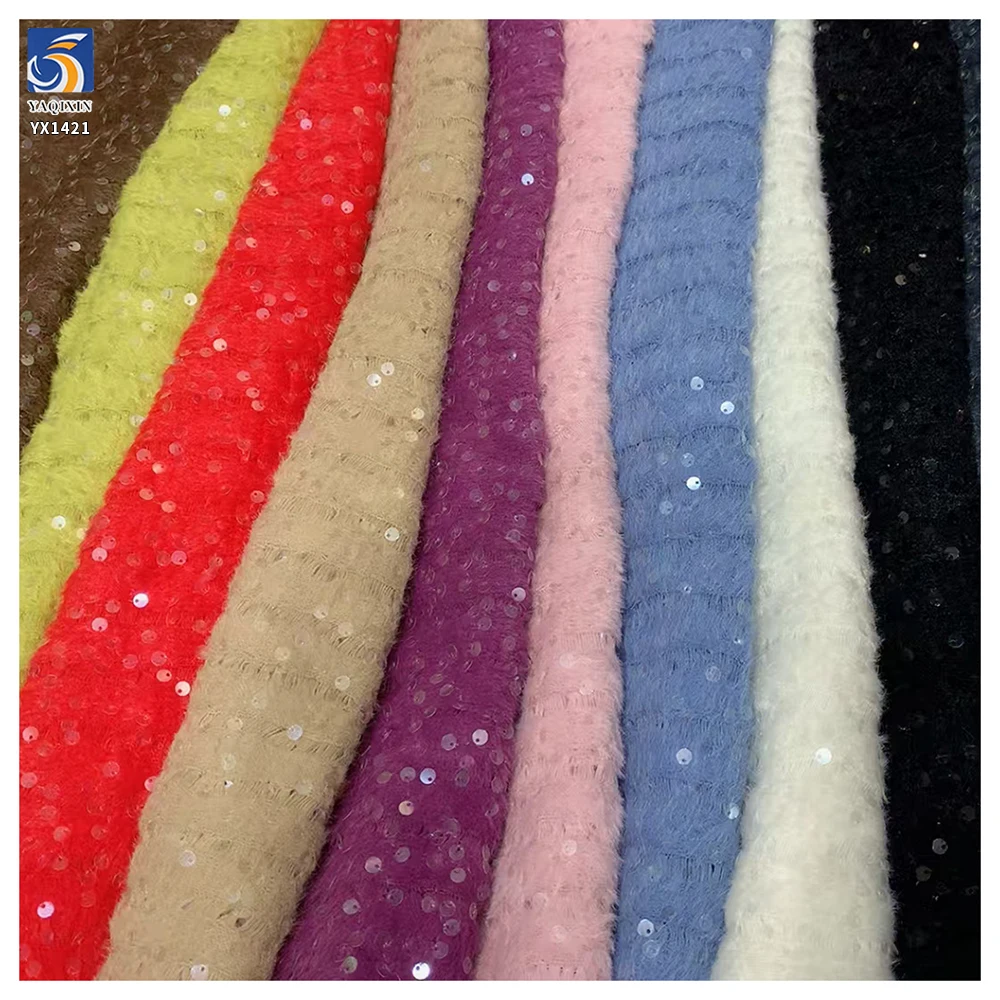 YX1421 High Quality Knit Blend Yarn Polyester Feather Jacquard Fabric With Sequins Winter Thick Fashion Fabric for Woman - 图片 2