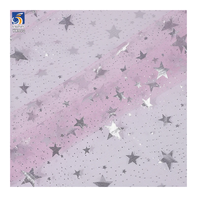 YX910 2026 Rainbow Gradient Tulle Fabric With Gold/Silver Five-Pointed Star Hot Stamping Printed Halloween Fabric for Children - 图片 2