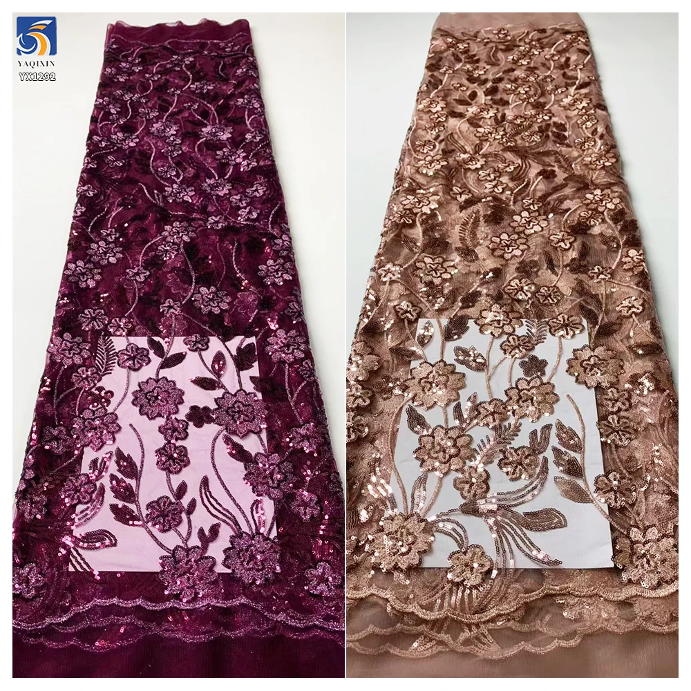 YX1292 Tulle Purple Mexican Lace Fabric With Flash Sequins Embroidery Florals Tulle High-Class Dress Fabric for Mexican Beauties - 图片 5