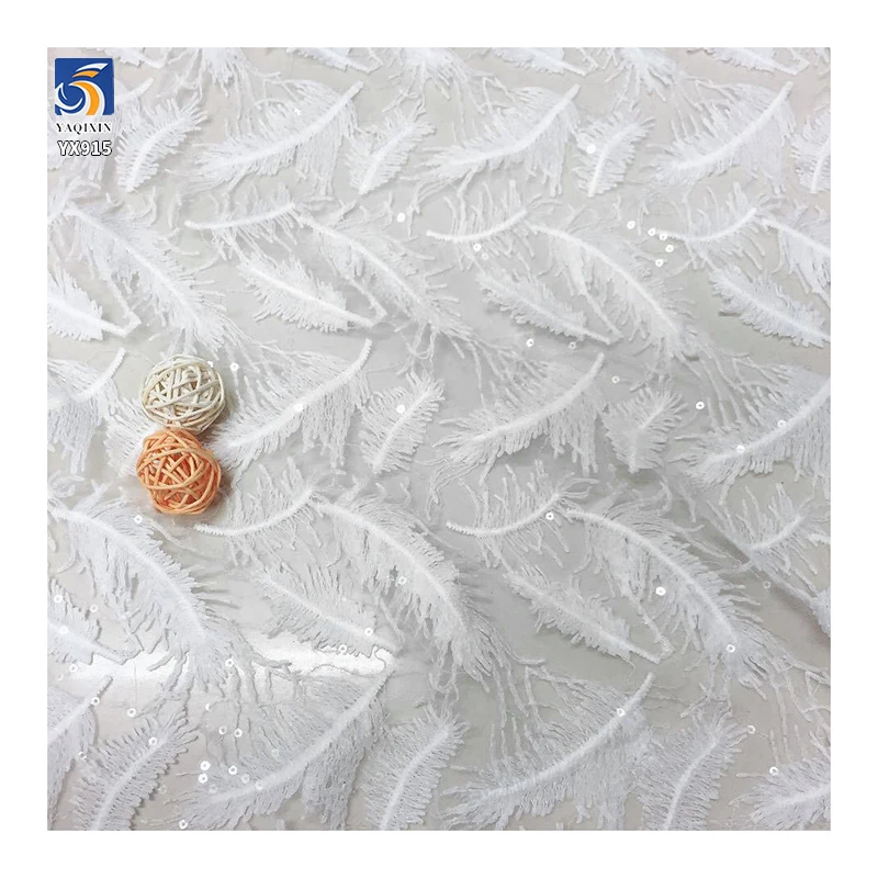 YX915 Multicolor Wholesale 3D White Feathers Lace Tulle Fabric 100 Polyester Milk Silk Embroidery Lace Fabric With Sequins - 图片 4