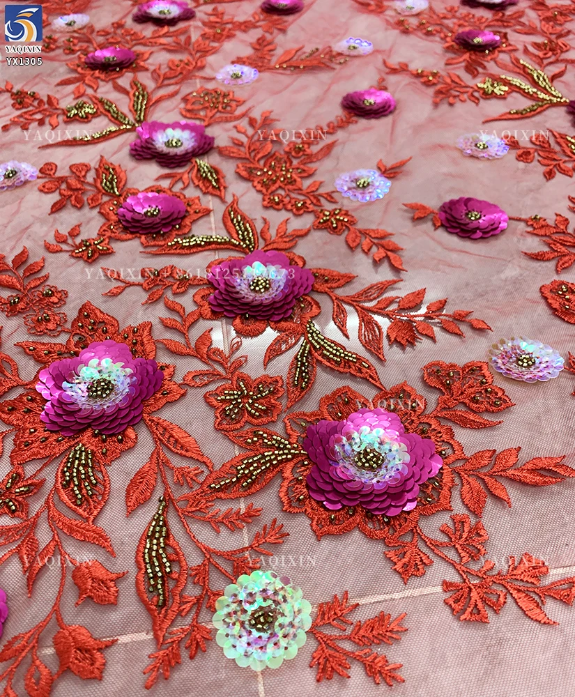 YX1305 Chinese Palace Luxury Style 3D Flower Sequin Colored Lace Mesh Fabric Textile Elegant Embroidered Tulle and Lace Fabric - 图片 4
