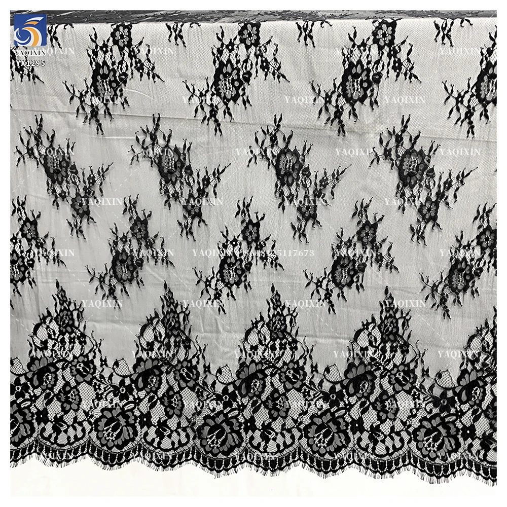 YX1295 2026 New Arrival Polyester Mesh Skirt With Lace Pure Black Eyelash Lace Fabric for Dress Woman Material - 图片 5