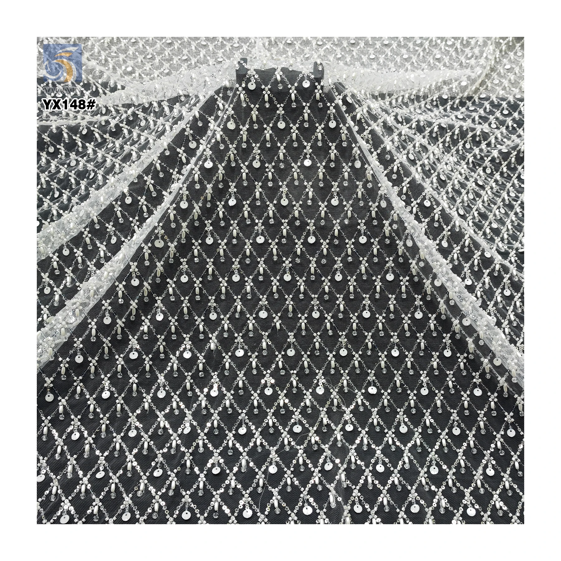 White Sequins Checkered Bead Embroidery Lace Fabric for Wedding High Quality Heavy Beaded Bridal Lace Fabric - 图片 3