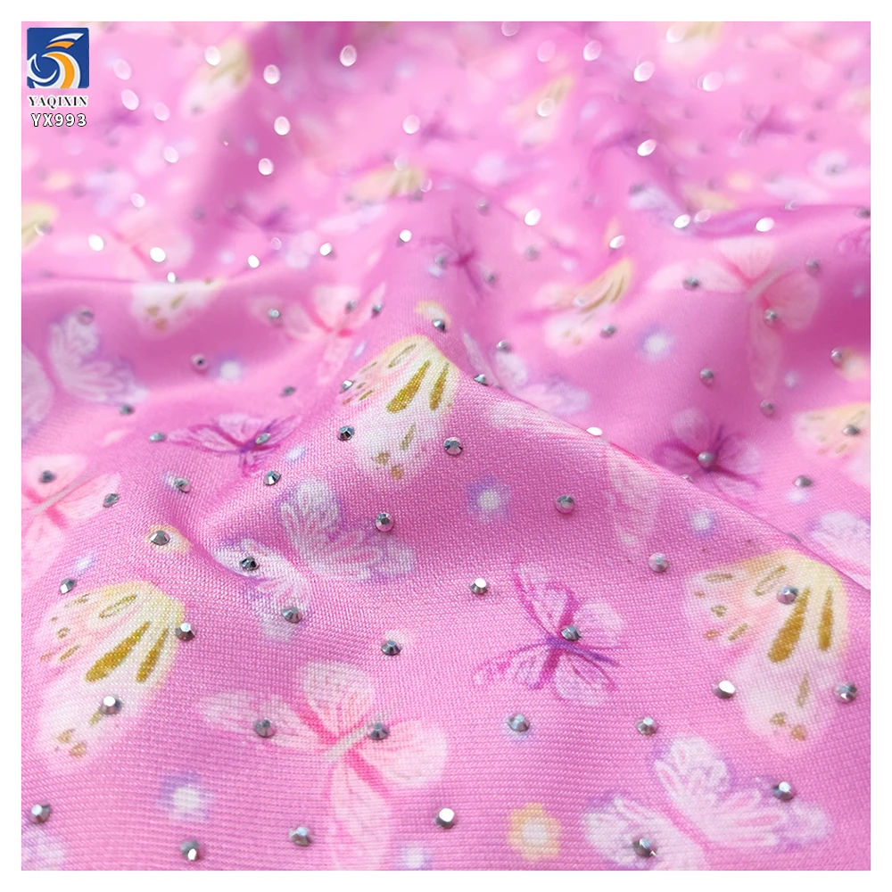 YX993 92% Polyester 8% Spandex Stretch Yoga Swim Fabric With 3D Glass Diamonds Custom Patterns Butterfly Print Stretch Fabric - 图片 2