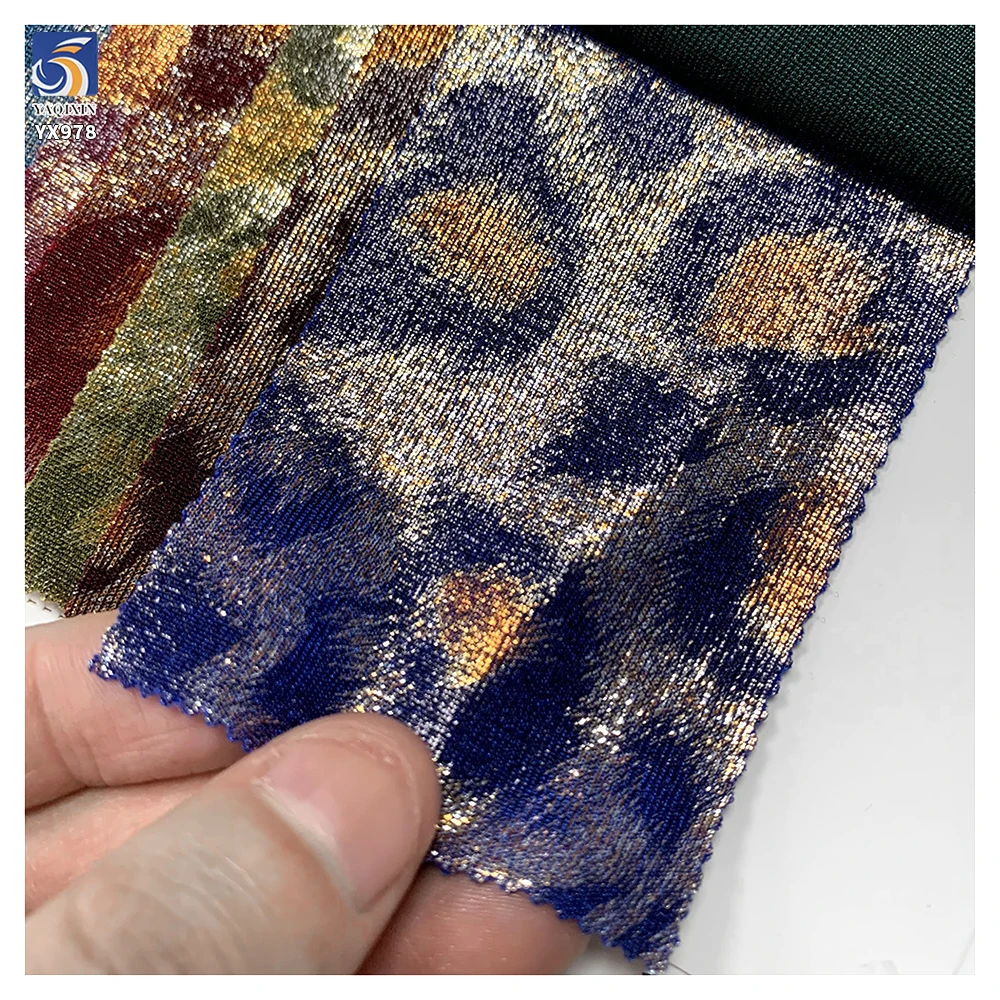 YX978 200gsm Spandex Highly Stretchable Ribbed Knit Lurex Fabric With Hot Stamping Leopard Print Lurex Fabric for Stage Dress - 图片 3
