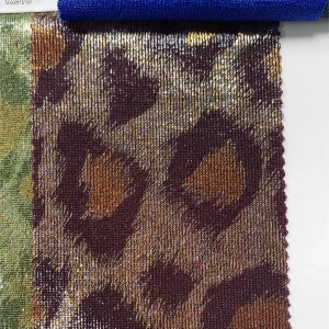 YX978 200gsm Spandex Highly Stretchable Ribbed Knit Lurex Fabric With Hot Stamping Leopard Print Lurex Fabric for Stage Dress