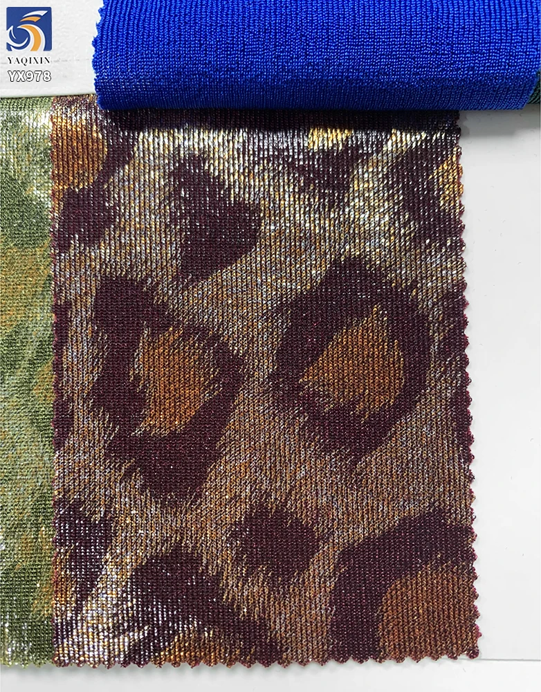 YX978 200gsm Spandex Highly Stretchable Ribbed Knit Lurex Fabric With Hot Stamping Leopard Print Lurex Fabric for Stage Dress