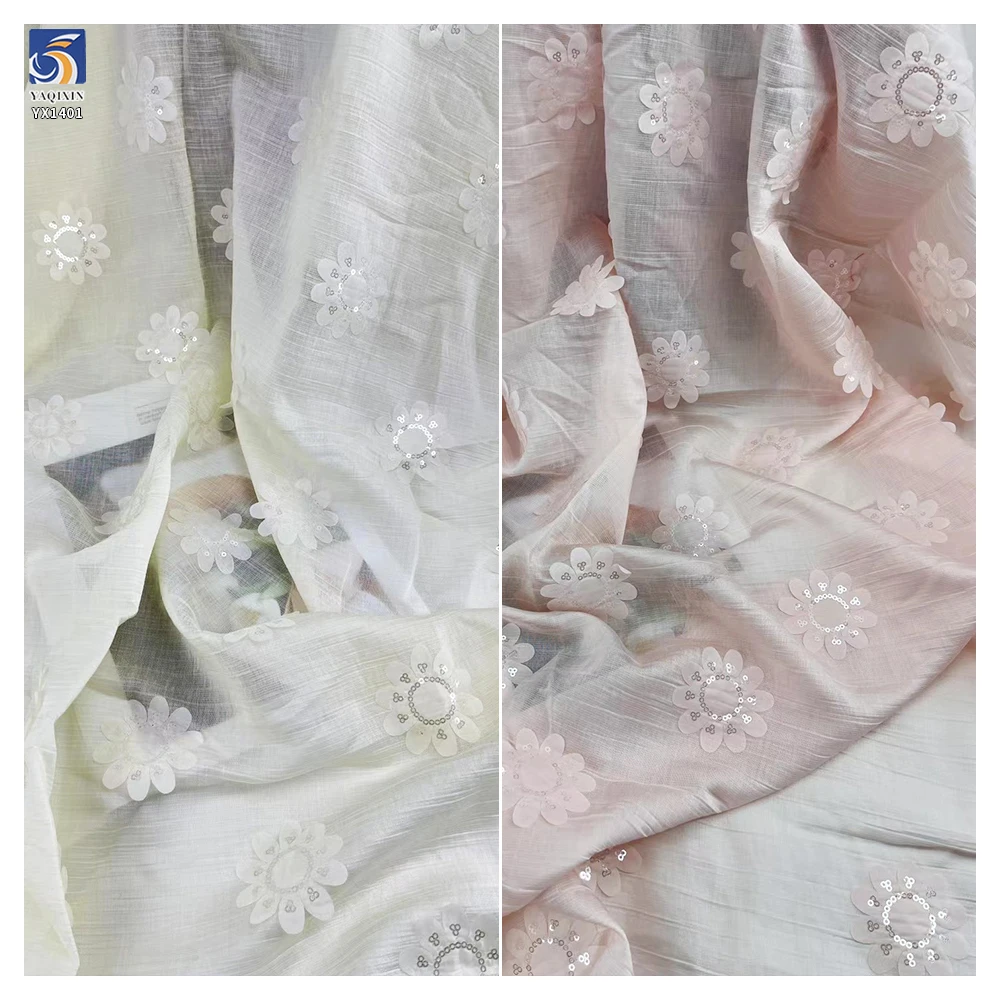 YX1401 Laser 3D Embroidery Sunflower Flowers Chiffon Fabrics With Sequins Crepe Chiffon Fabric for Chinese Cheongsam - 图片 3
