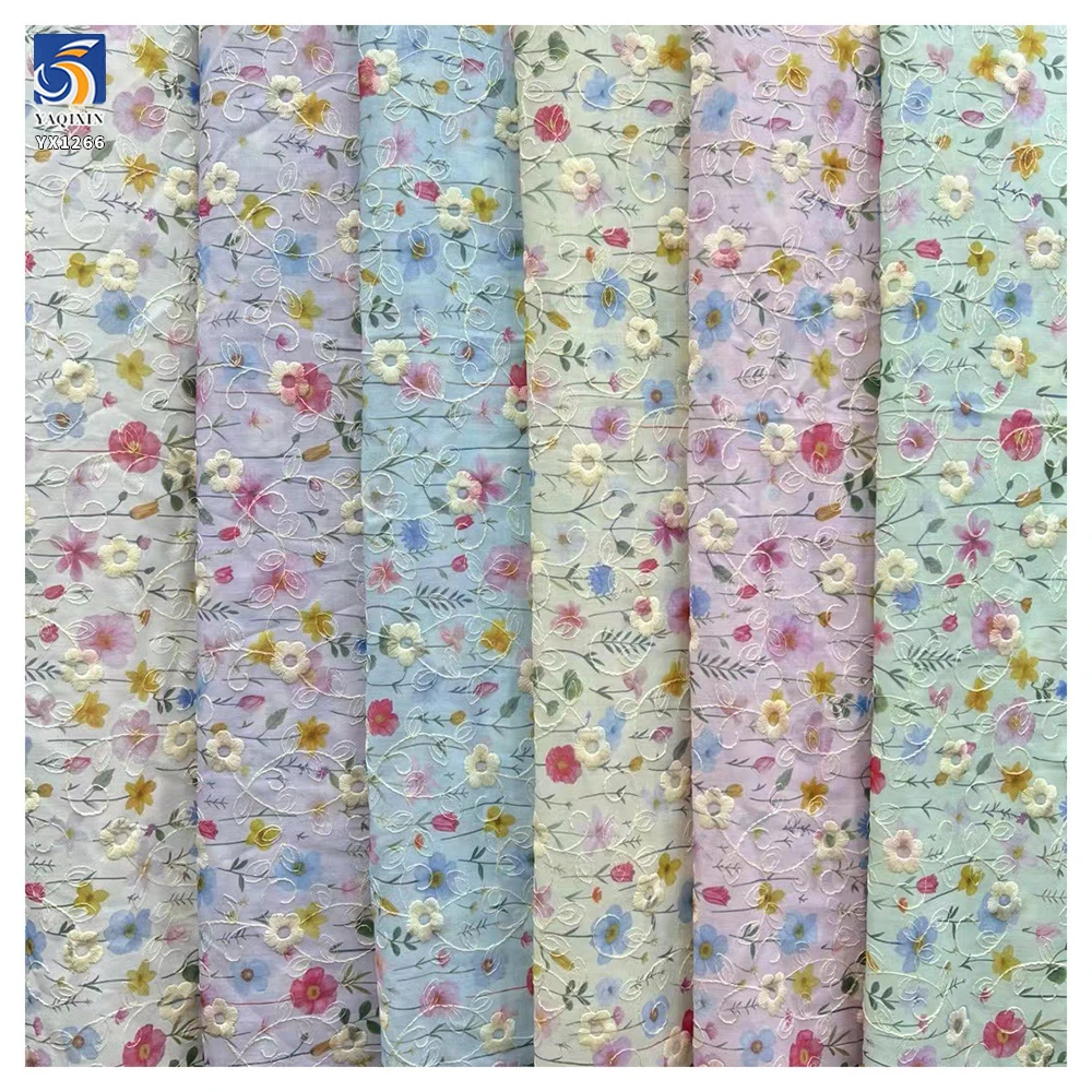 YX1266 2026 100% Polyester Pastoral Style Fresh Dress TC Floral Print & Embroidery Fabric Chiffon Florals Fabric for Garment - 图片 3
