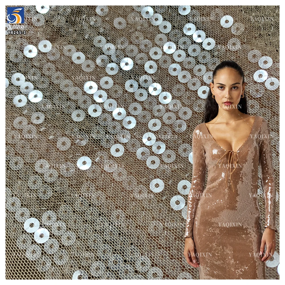YX265-1 High-Shine Flexible 10 Colors Available 5mm Crystal Embroidery Stretch Mesh Fabric for Women Fashion Dress