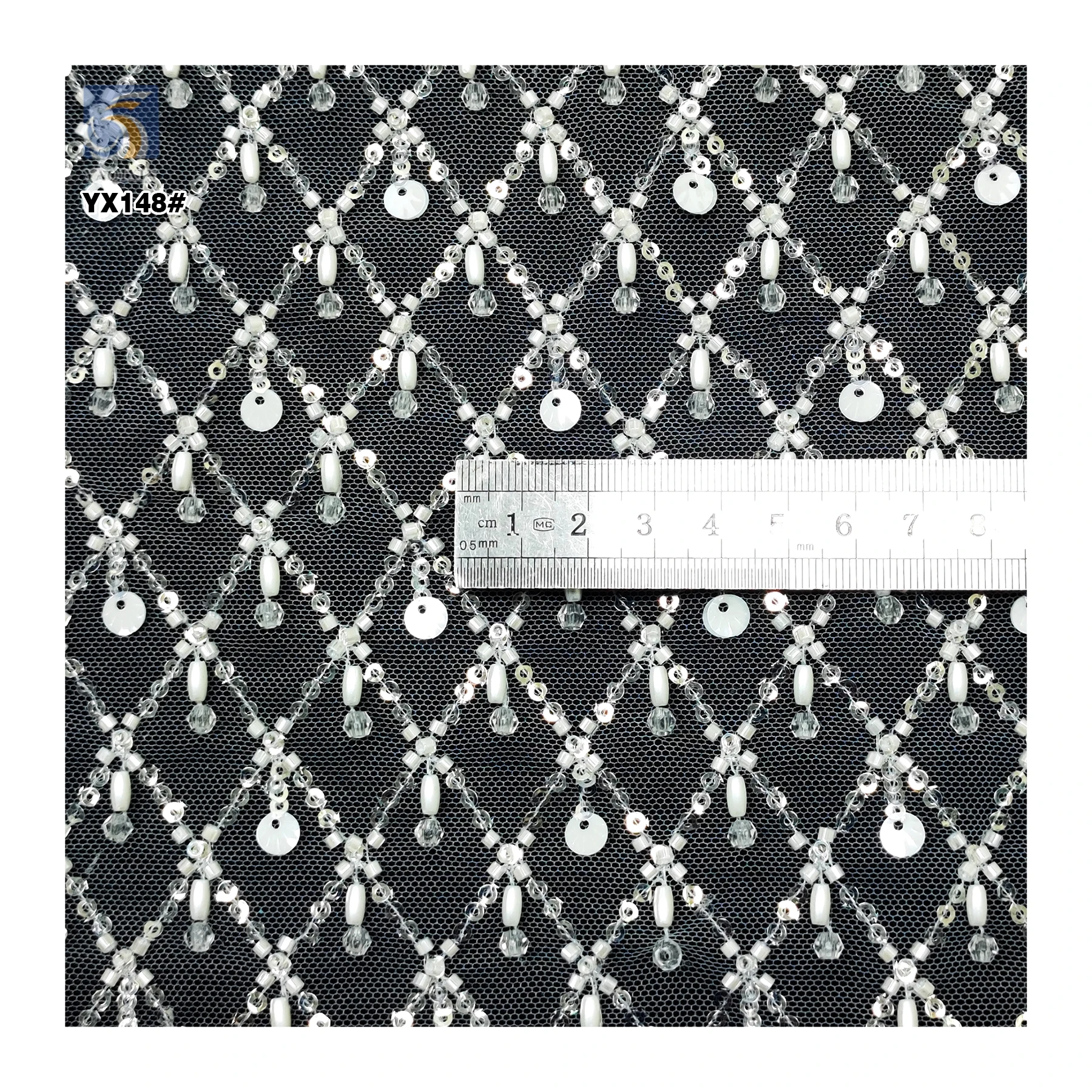 White Sequins Checkered Bead Embroidery Lace Fabric for Wedding High Quality Heavy Beaded Bridal Lace Fabric - 图片 4