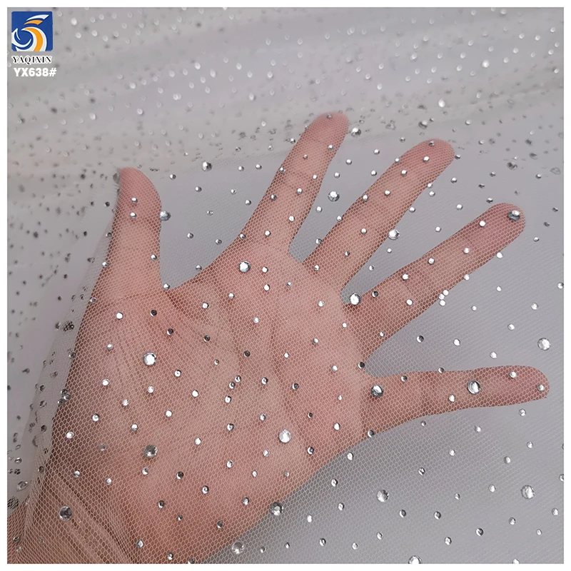 YX638 High-end 100 Polyester Wedding Bride 3D Rhinestone Crystal Diamond Mesh Fabric Tulle - 图片 3