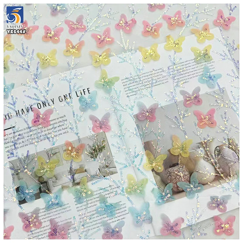 YX644 New Trends Multicolor Poly Gradient Butterfly Glitter Sequin Mesh Tulle Fabric 3D Butterfly Dress Fabric