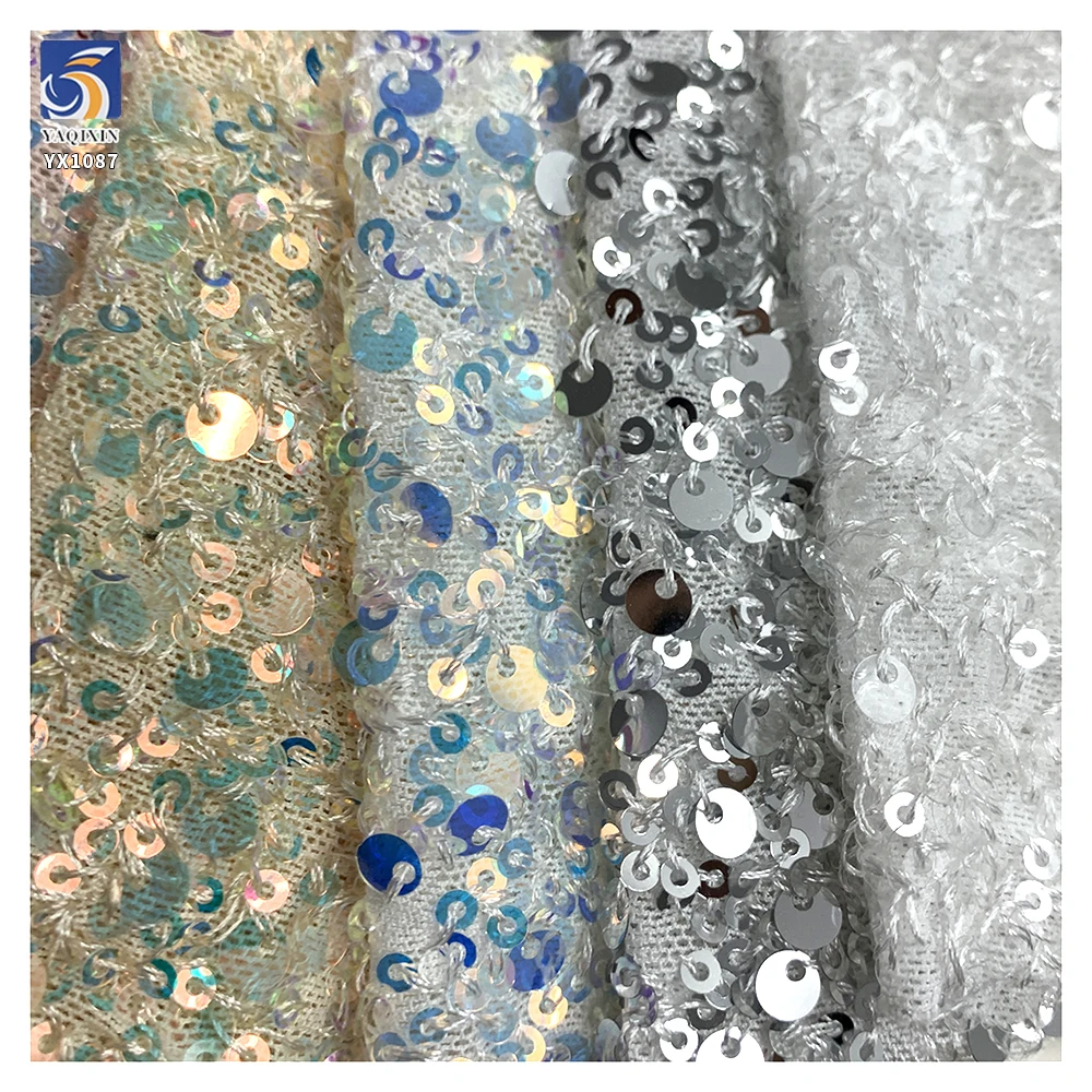 YX1087 300gsm Spandex Stretch Mesh Fabric With 3MM+5MM Sequins Embroidery Heavyweight Sparkle Sequin Fabric for Party Dress - 图片 5