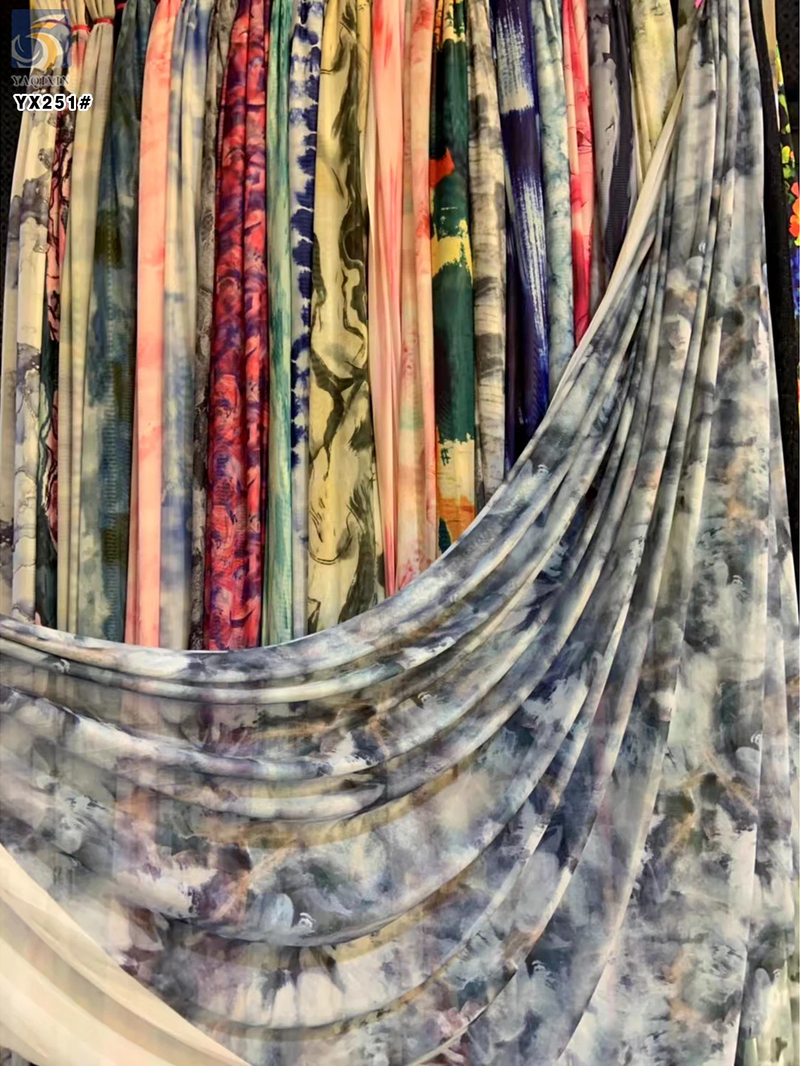 YX251 New Trendy Tie-Dye Design Fabric 95 Polyester 5 Spandex Mesh Stretch Knitted Dress Printed Fabric - 图片 2