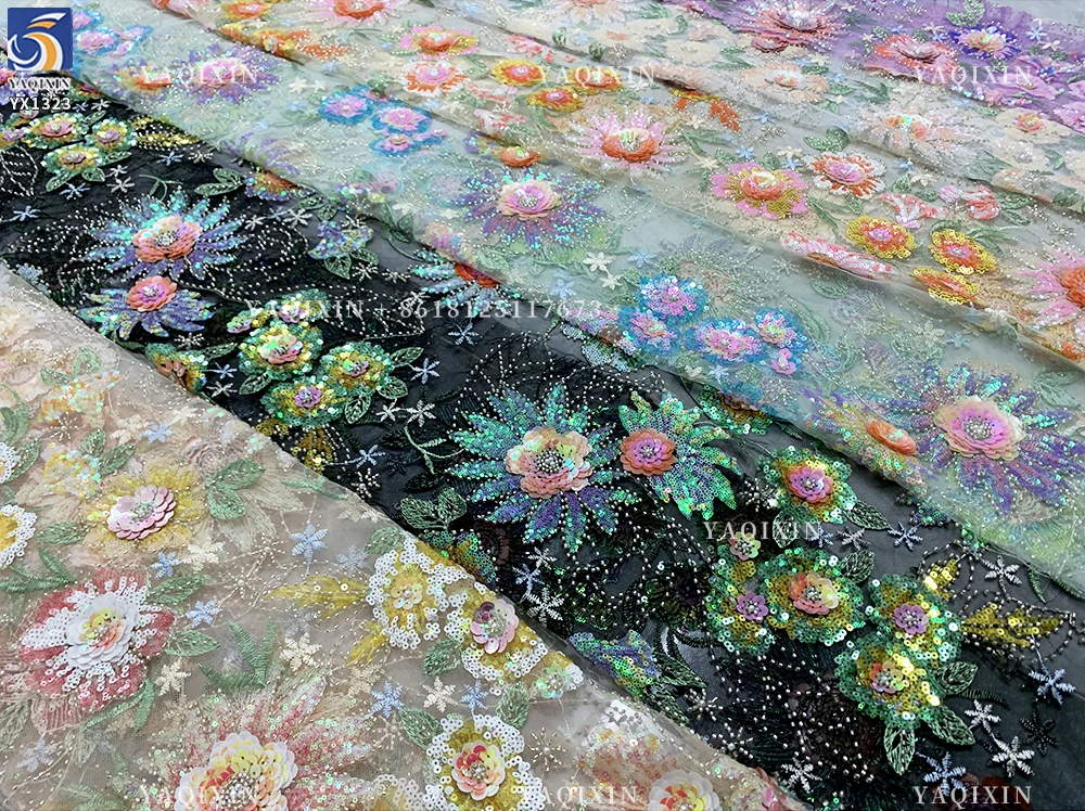 YX1323 New Arrival Sunflower Design With Unique Sequin Germany Lace Fabric DIY Custom Design 3D Lace Glitter Lace Fabric - 图片 6