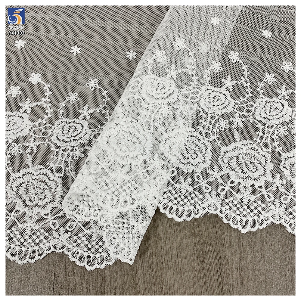 YX1303 Chinese Suppliers Cheap Mesh Embroidery Floral Print Water-Soluble Embroidered Lace Fabric White Sales for 15 Yards - 图片 3