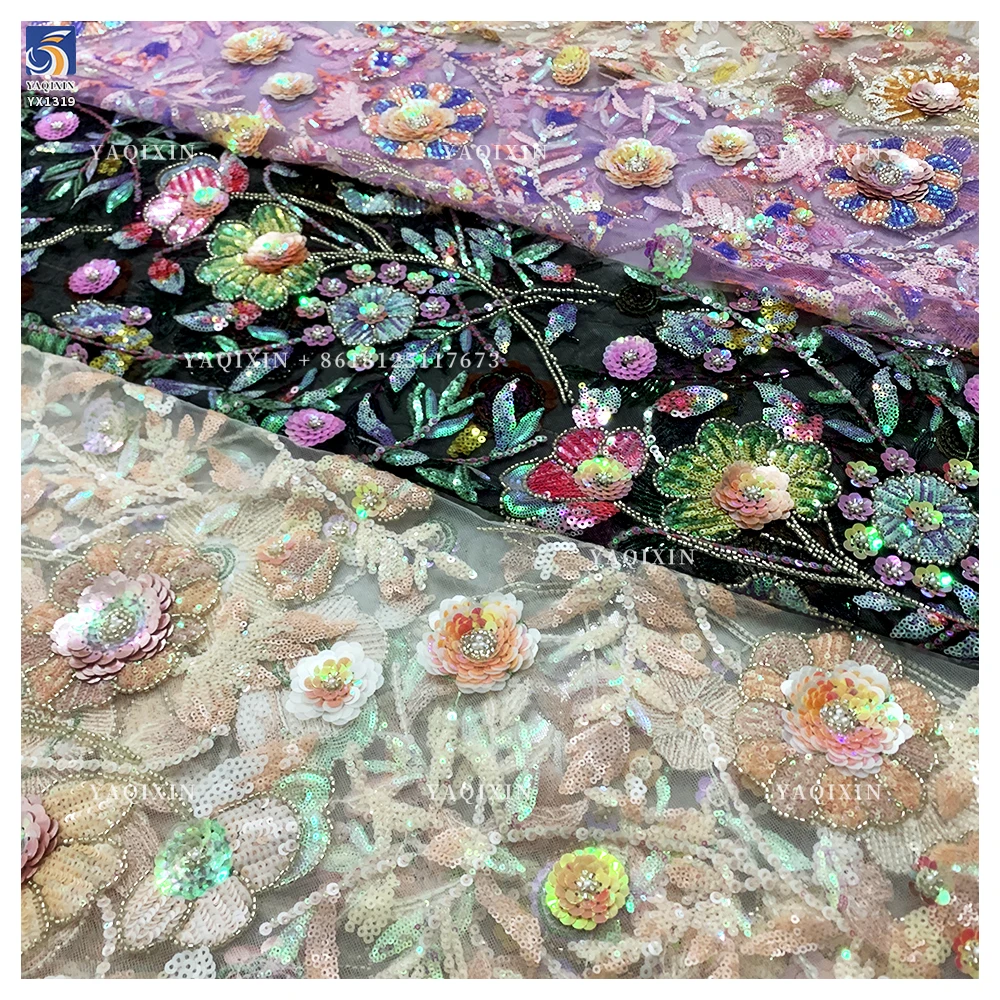 YX1319 New Life Fashion Spring 3D Sequin Embroidery Heavy Lace Mesh Tulle Fabric Noble and Luxurious French Style Lace Fabric - 图片 5