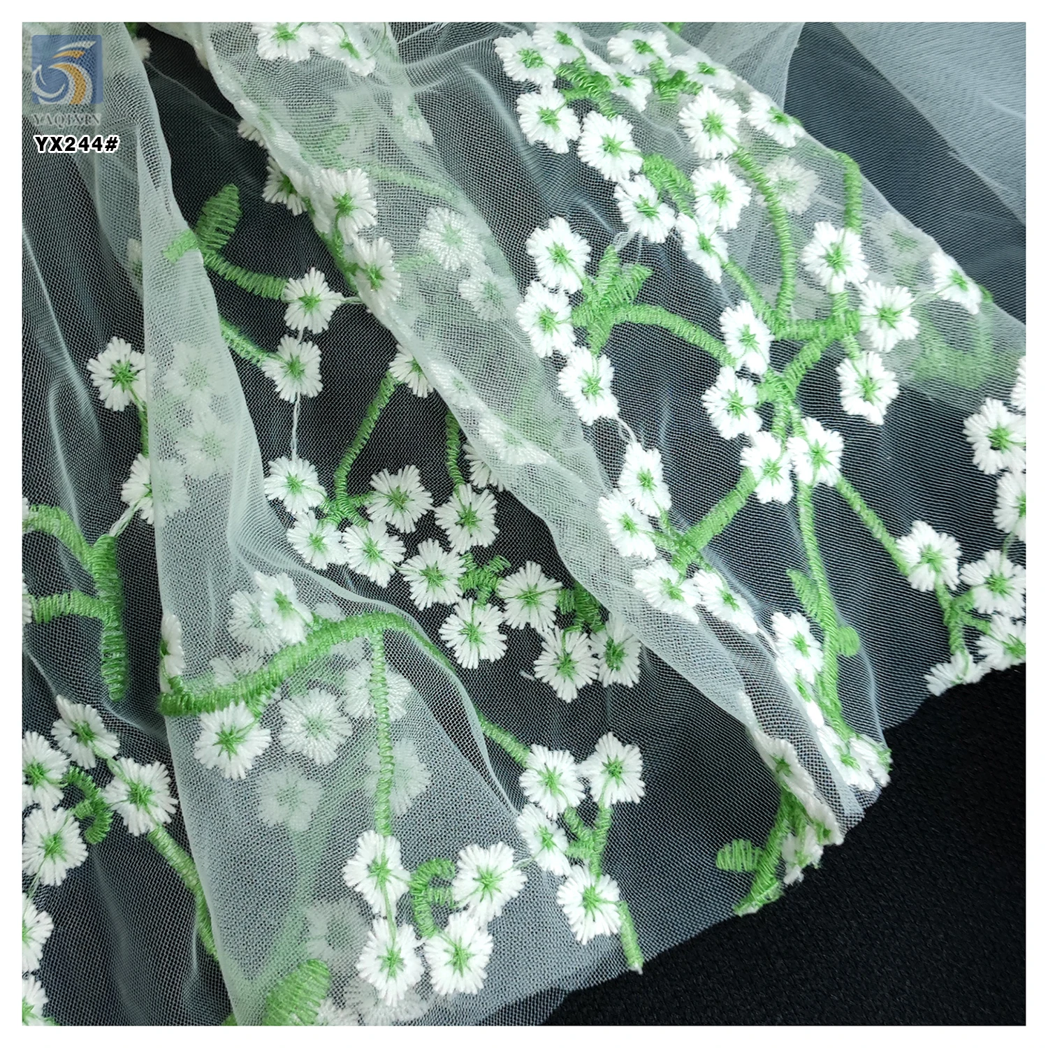 YX244 Golden Supplier French Green Floral Embroidery Lace Fabric Fresh Retro Style Tulle Lace Fabric for Girls' Dress - 图片 3