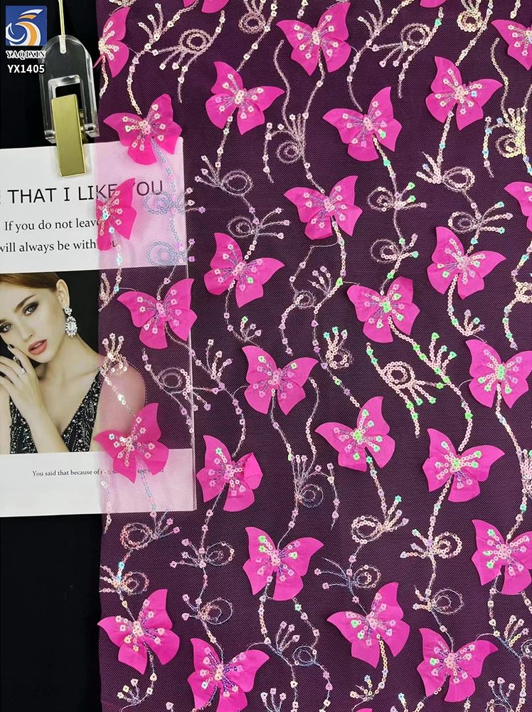 YX1405 New Beautiful Laser Gradient Pink Embroidery 3D Butterfly Mesh Fabric With Sequins and Glitter Girl Dress 3D Tulle Fabric - 图片 4