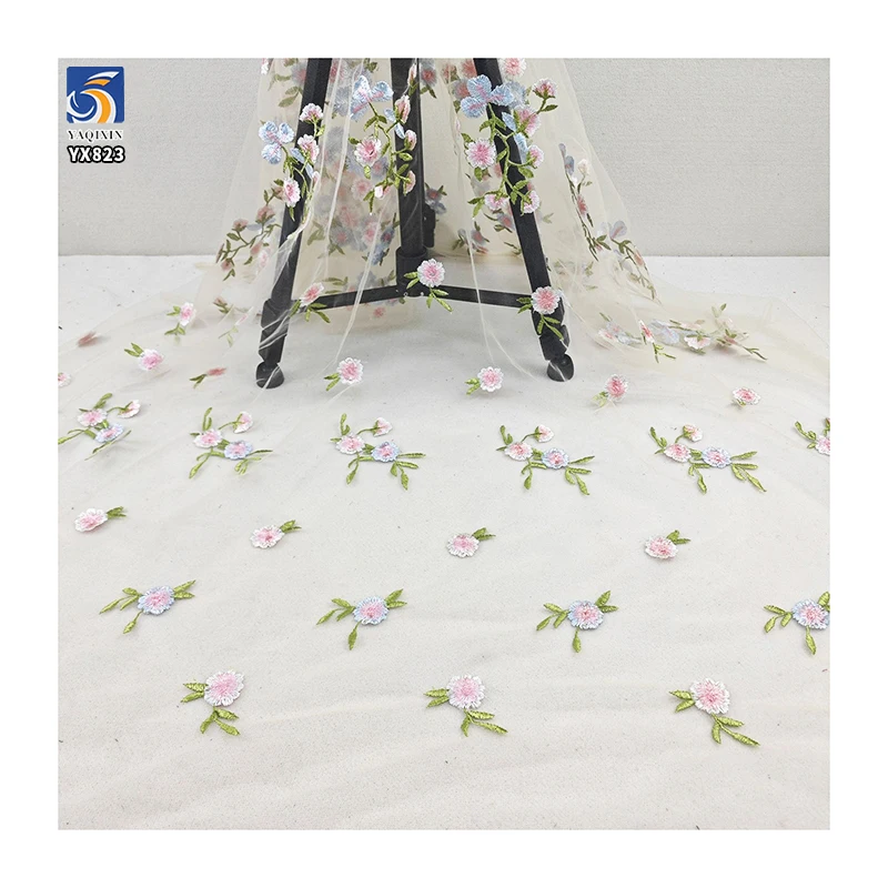 YX823 Ins Popular Spring and Summer Tulle Skirt Fabric Poly Florals Embroidered Mesh Fabric for Clothing Textile - 图片 4