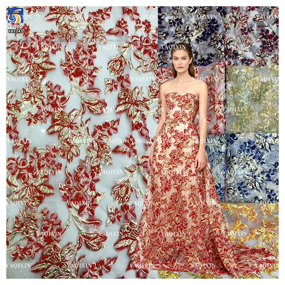 YX1243 Custom Polyester Thin Film Gold China's Luxury Brocade Fabric 2 Yards 3D Flowers Jacquard Brocade African Dress Fabric