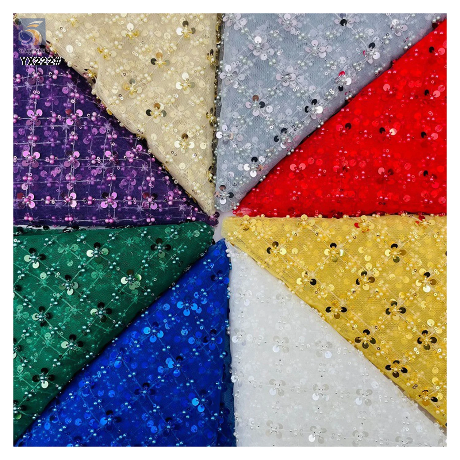 YX222 Customized Multi Color Sequin Bead Pearls Flower Embroidery Lace Fabric - 图片 6