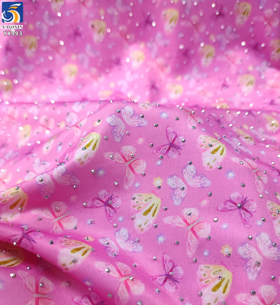 YX993 92% Polyester 8% Spandex Stretch Yoga Swim Fabric With 3D Glass Diamonds Custom Patterns Butterfly Print Stretch Fabric - 图片 5