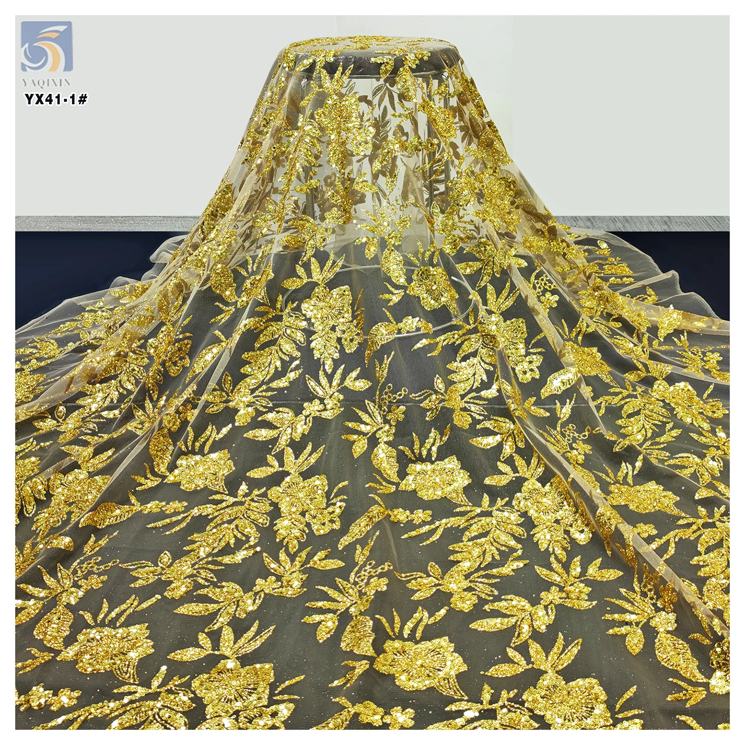 YX41-1 Wholesale Prices Nigerian Shine Lace Fabrics for Wedding 2026 Gold Sequins Glitter Lace Tulle Fabric - 图片 3