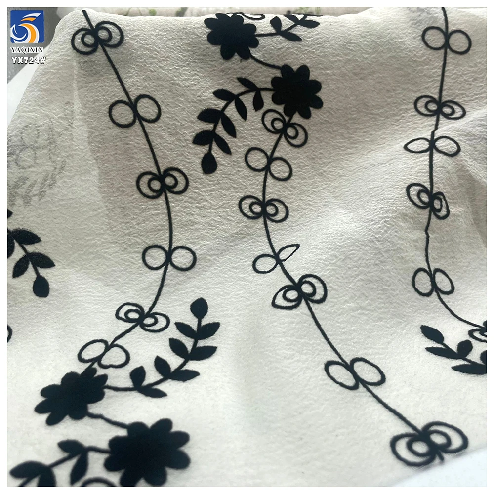 YX724 Women's Dress Shirt Black Flocking Florals Vine Organza Fabric Crinkled Yarn Seersucker Flocked Organza Fabric - 图片 4