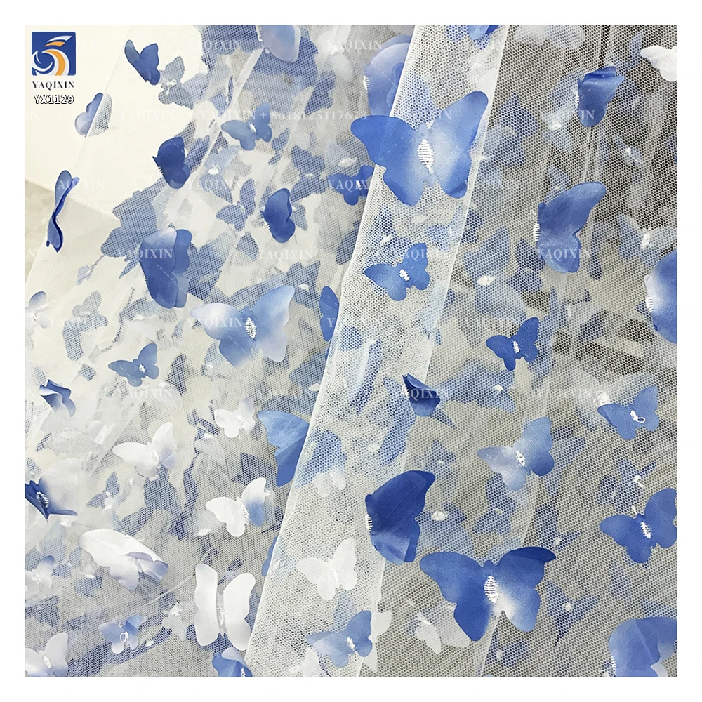 YX1129 Embroidered Tulle Blue and White Gradient Butterflies 3D Tulle Mesh Fabric 2 Yards Latest 2026 Butterfly 3D Mesh Fabric - 图片 6